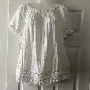 Beach Lunch Lounge Short Sleeve Top with Crochet and Fringe NWT